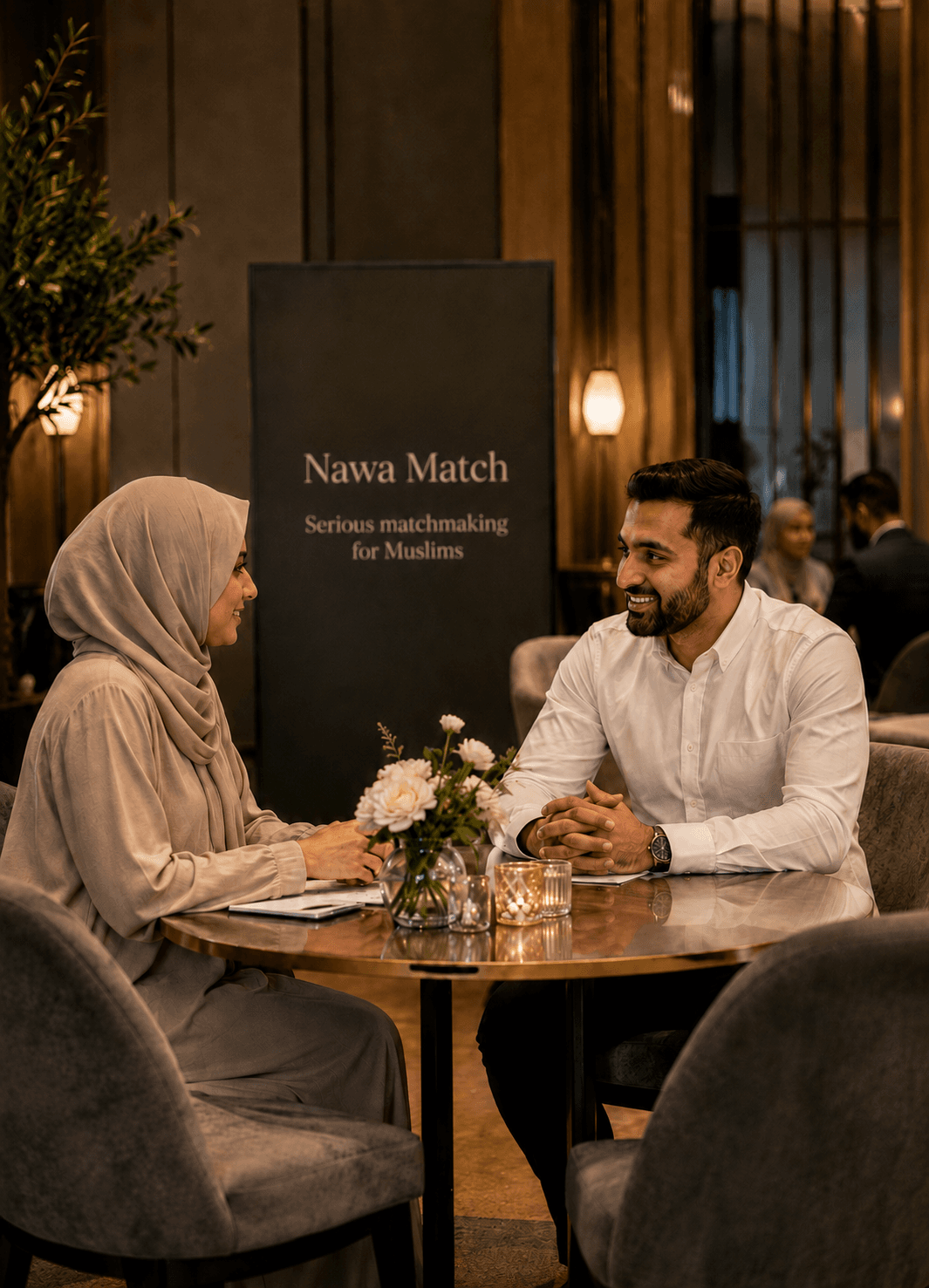 An elegant Muslim couple meeting at a Nawa Match event