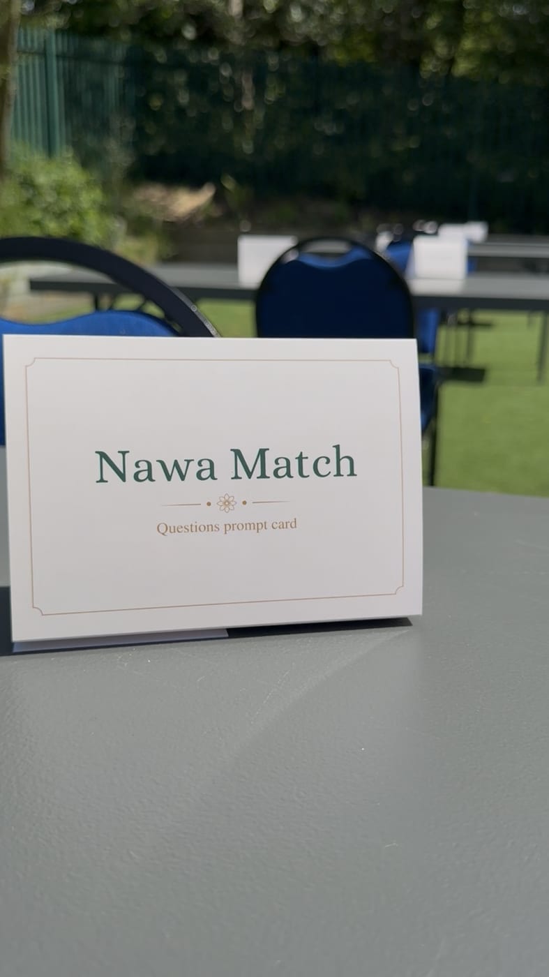 A Nawa Match questions prompt card set out at an event